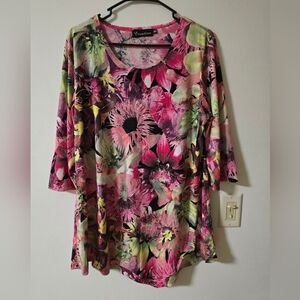 Floral Colorful Tropical Pink Top 3/4 Sleeves Size XXL